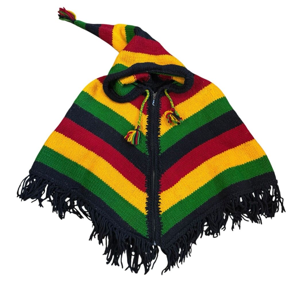 VTG Kids Wool PONCHO HOODED Zip CAPE Made in Ecuador Red Black Green Black